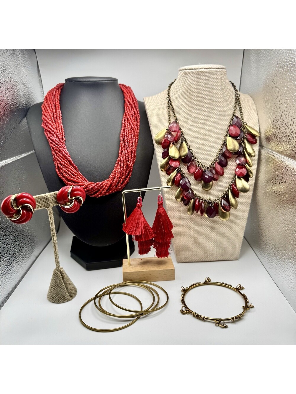 Set of Red and Gold Statement Jewelry Including Beaded Necklace, Drop Necklace,